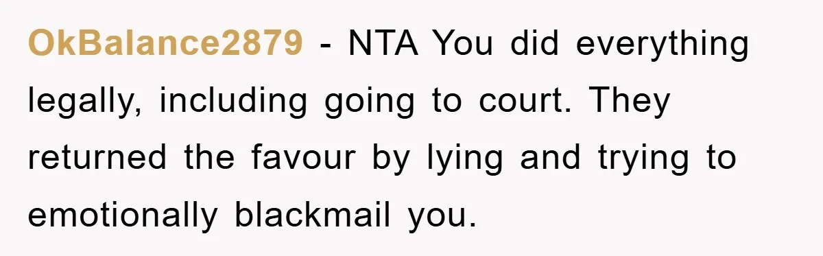 OkBalance2879 - NTA You did everything legally, including going to court. They returned the favour by lying and trying to emotionally blackmail you.