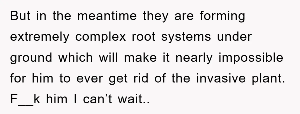 But in the meantime they are forming extremely complex root systems under ground which will make it nearly impossible for him to ever get rid of the invasive plant. F__k...