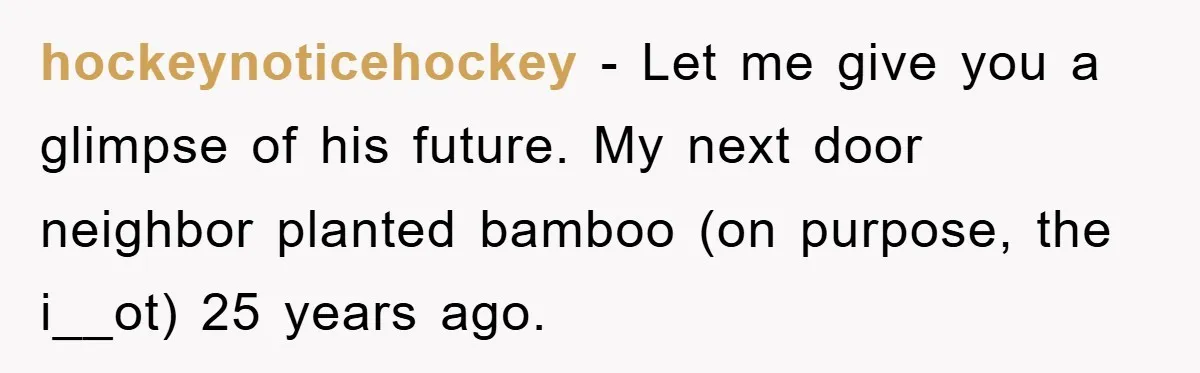 hockeynoticehockey − Let me give you a glimpse of his future. My next door neighbor planted bamboo (on purpose, the i__ot) 25 years ago.