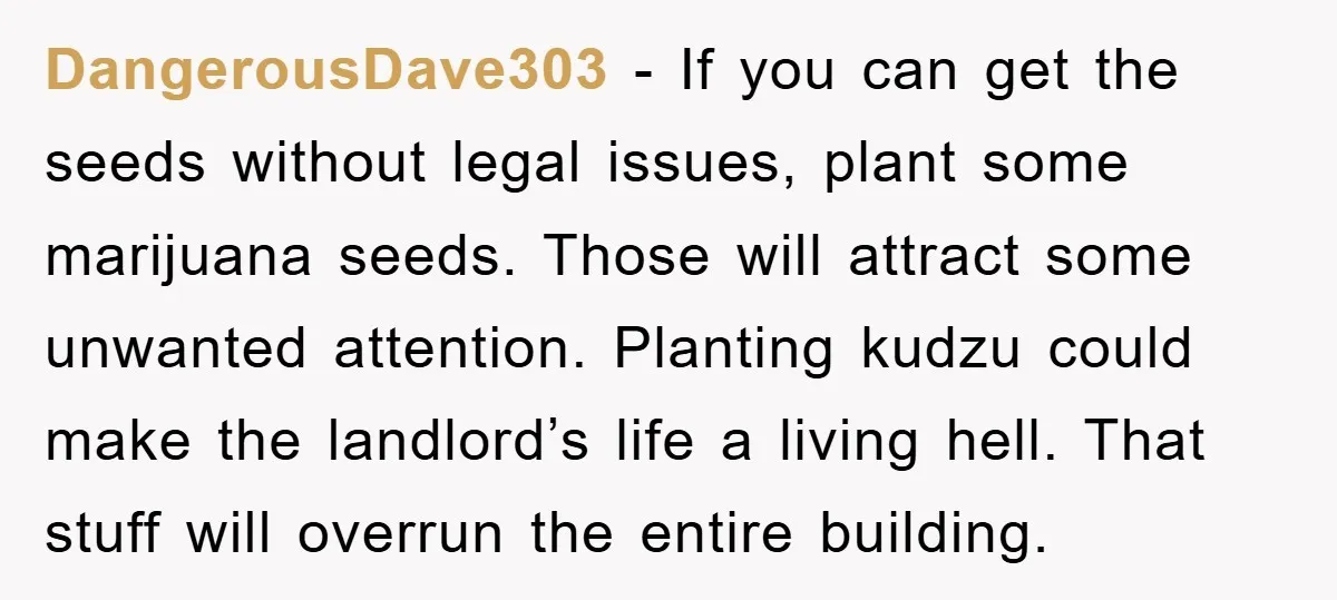 DangerousDave303 − If you can get the seeds without legal issues, plant some marijuana seeds. Those will attract some unwanted attention. Planting kudzu could make the landlord’s life a living...
