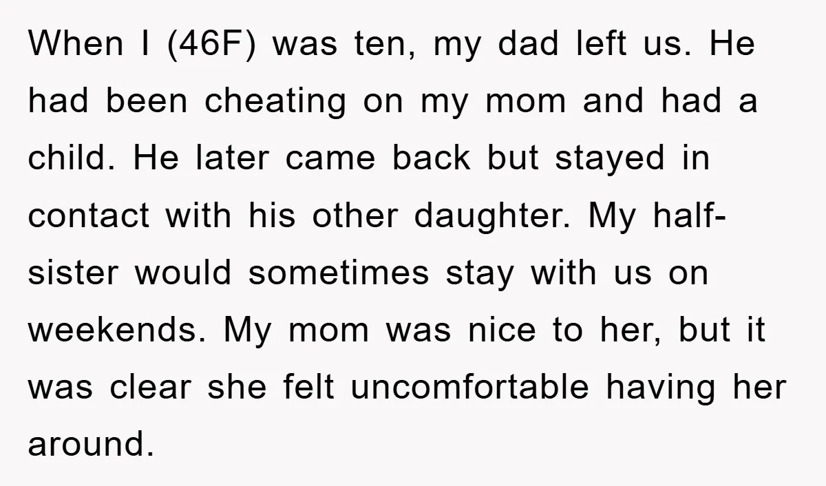 When I (46F) was ten, my dad left us. He had been cheating on my mom and had a child. He later came back but stayed in contact with his...