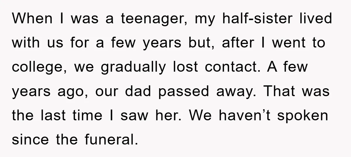 When I was a teenager, my half-sister lived with us for a few years but, after I went to college, we gradually lost contact. A few years ago, our dad...