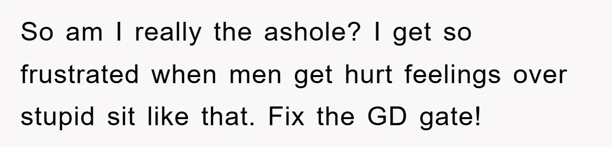So am I really the ashole? I get so frustrated when men get hurt feelings over stupid sit like that. Fix the GD gate!
