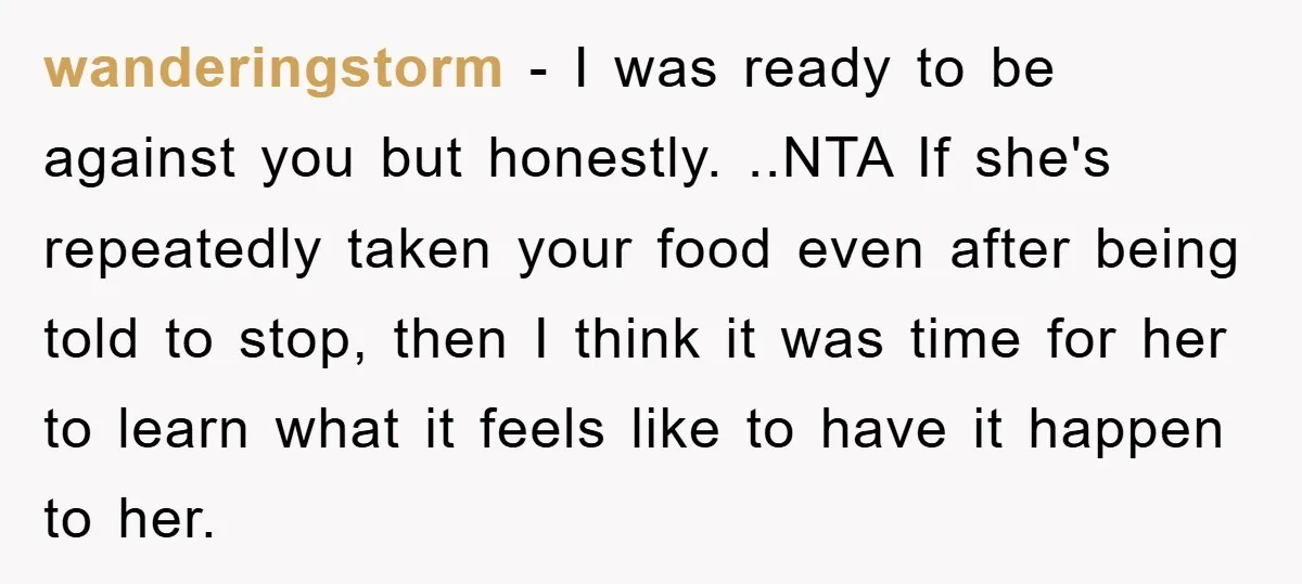 wanderingstorm − I was ready to be against you but honestly. ..NTA If she's repeatedly taken your food even after being told to stop, then I think it was time...