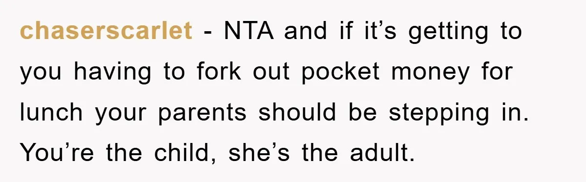 chaserscarlet − NTA and if it’s getting to you having to fork out pocket money for lunch your parents should be stepping in. You’re the child, she’s the adult.