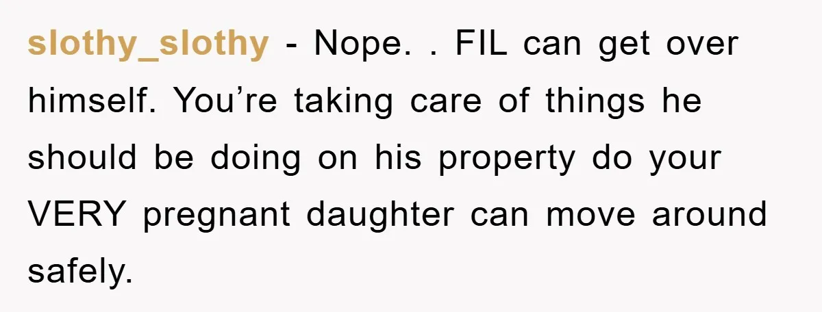 slothy_slothy − Nope. . FIL can get over himself. You’re taking care of things he should be doing on his property do your VERY pregnant daughter can move around safely.