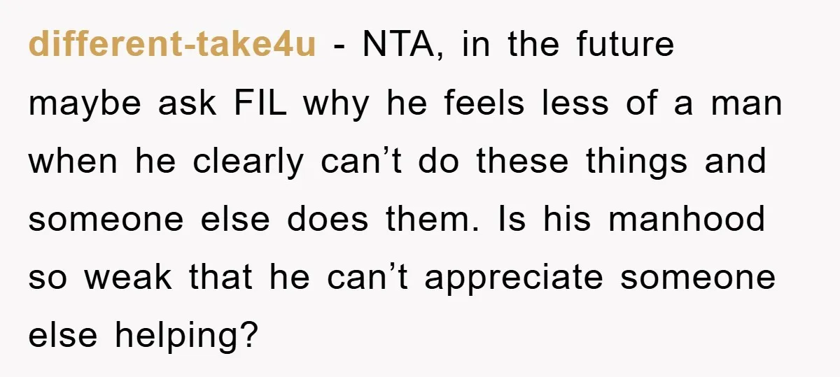 different-take4u − NTA, in the future maybe ask FIL why he feels less of a man when he clearly can’t do these things and someone else does them. Is his...