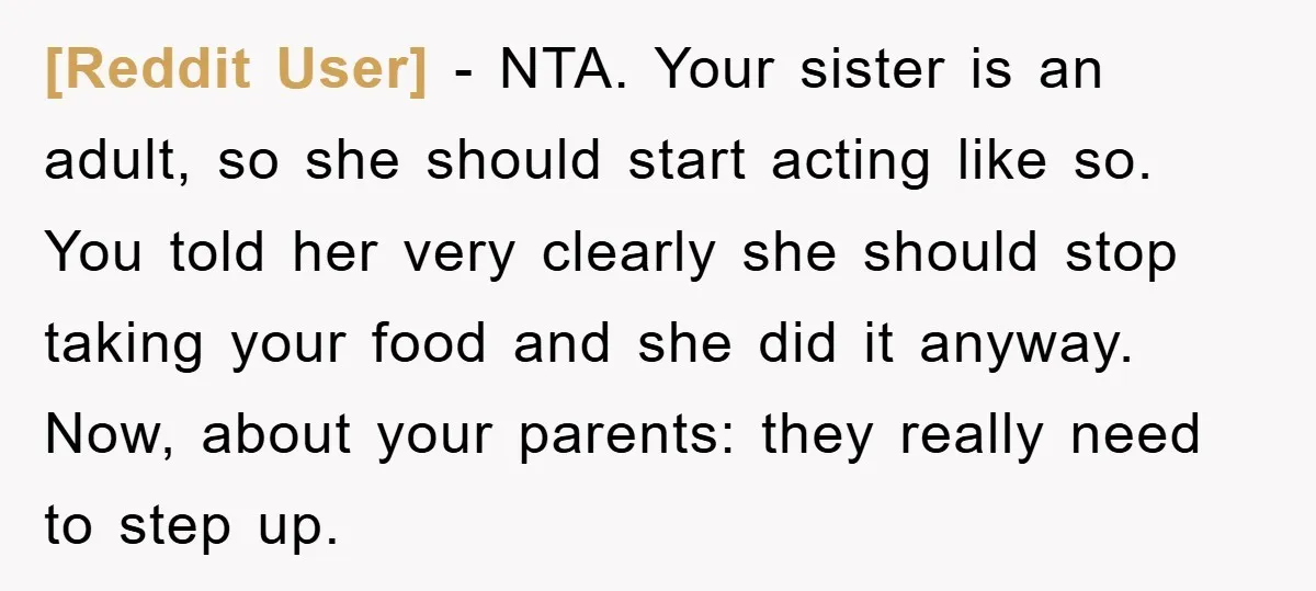 [Reddit User] − NTA. Your sister is an adult, so she should start acting like so. You told her very clearly she should stop taking your food and she did...