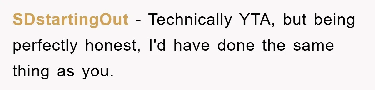 SDstartingOut − Technically YTA, but being perfectly honest, I'd have done the same thing as you.