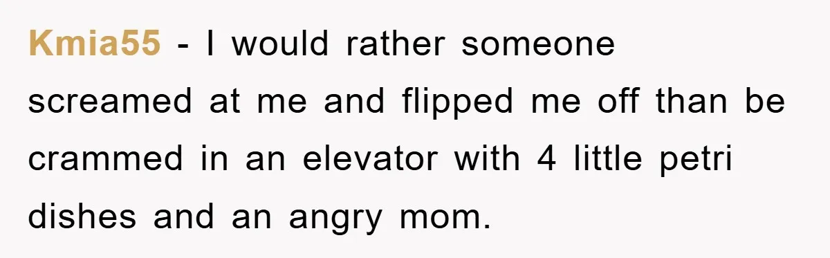 Kmia55 − I would rather someone screamed at me and flipped me off than be crammed in an elevator with 4 little petri dishes and an angry mom.