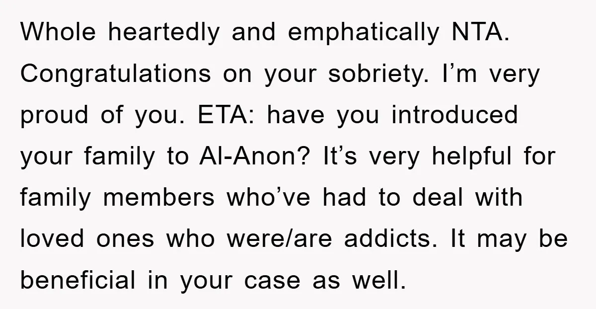 Whole heartedly and emphatically NTA. Congratulations on your sobriety. I’m very proud of you. ETA: have you introduced your family to Al-Anon? It’s very helpful for family members who’ve had...