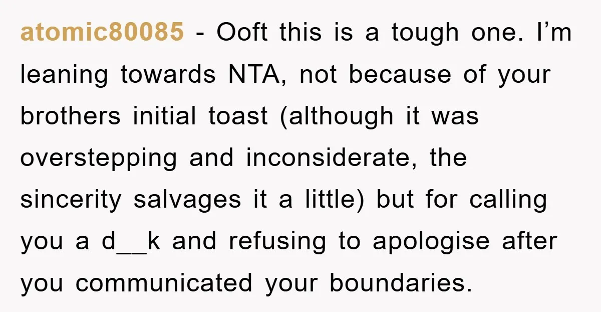 atomic80085 − Ooft this is a tough one. I’m leaning towards NTA, not because of your brothers initial toast (although it was overstepping and inconsiderate, the sincerity salvages it a...