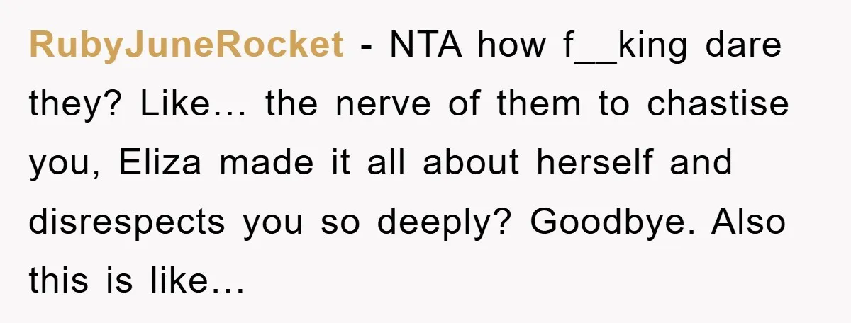 RubyJuneRocket - NTA how f__king dare they? Like… the nerve of them to chastise you, Eliza made it all about herself and disrespects you so deeply? Goodbye. Also this is...