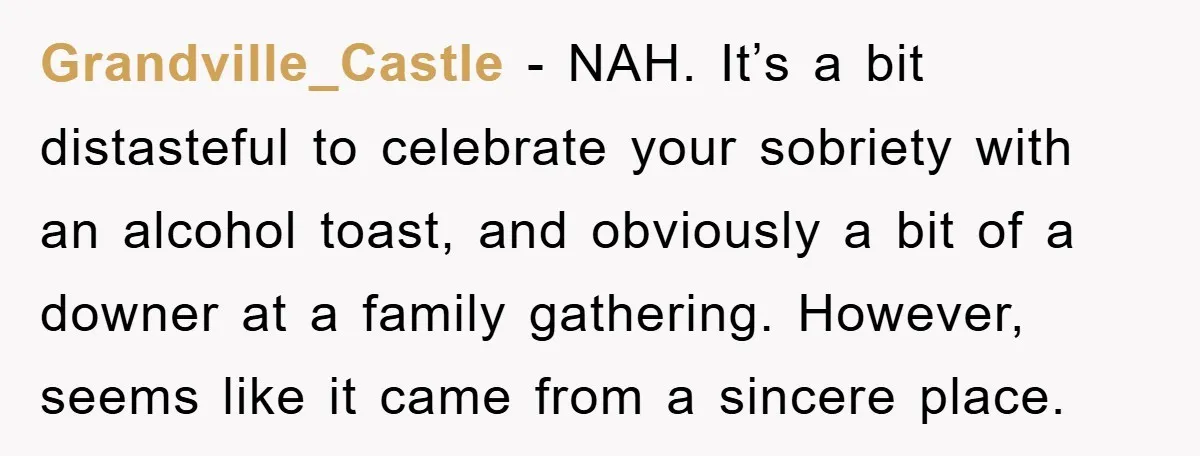 Grandville_Castle − NAH. It’s a bit distasteful to celebrate your sobriety with an alcohol toast, and obviously a bit of a downer at a family gathering. However, seems like it...