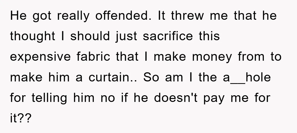He got really offended. It threw me that he thought I should just sacrifice this expensive fabric that I make money from to make him a curtain.. So am I...