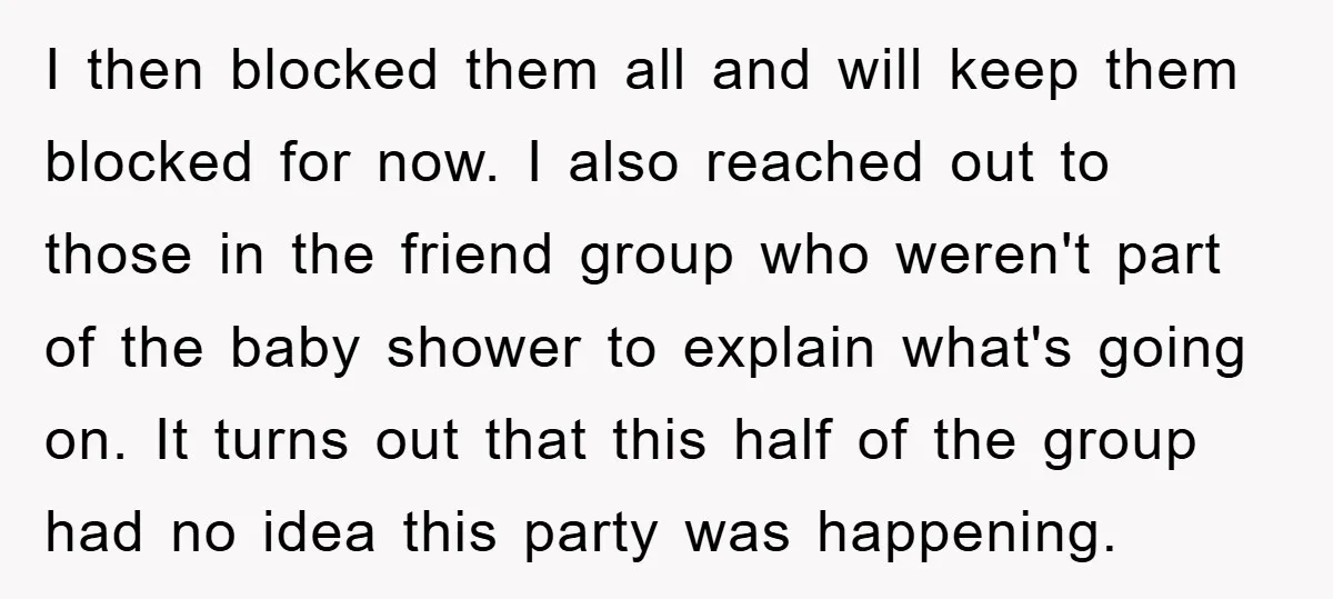 I then blocked them all and will keep them blocked for now. I also reached out to those in the friend group who weren't part of the baby shower to...