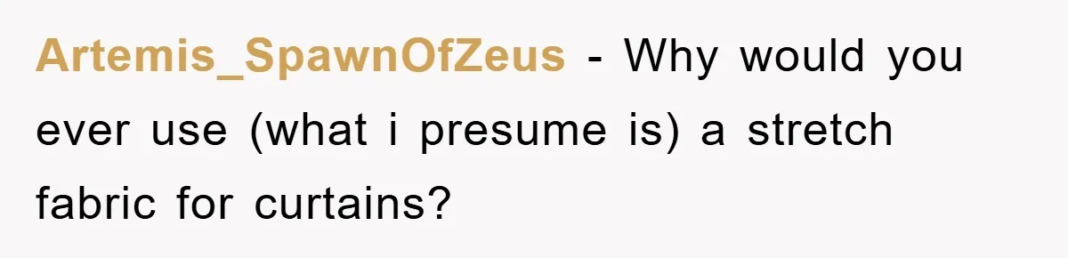 Artemis_SpawnOfZeus − Why would you ever use (what i presume is) a stretch fabric for curtains?