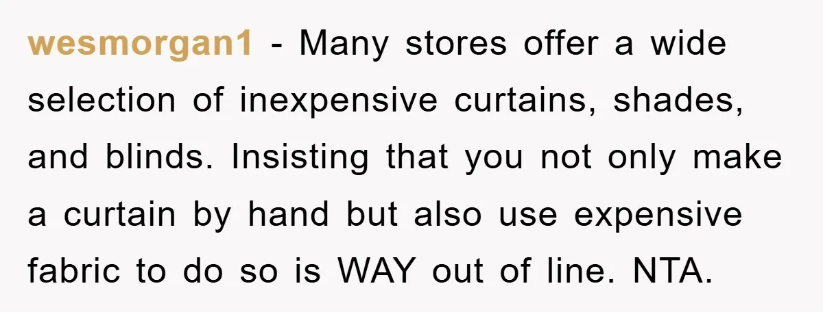 wesmorgan1 − Many stores offer a wide selection of inexpensive curtains, shades, and blinds. Insisting that you not only make a curtain by hand but also use expensive fabric to...