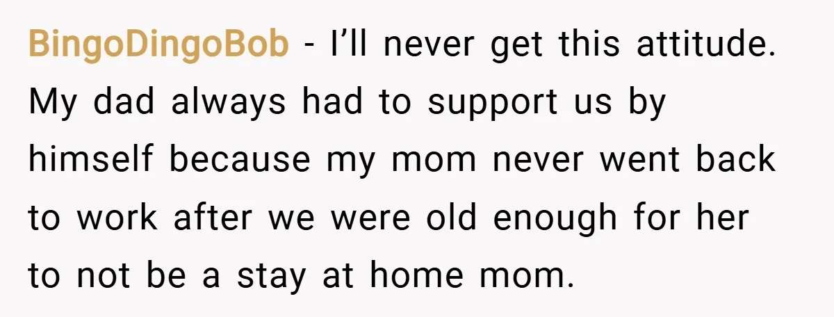 BingoDingoBob − I’ll never get this attitude. My dad always had to support us by himself because my mom never went back to work after we were old enough for...