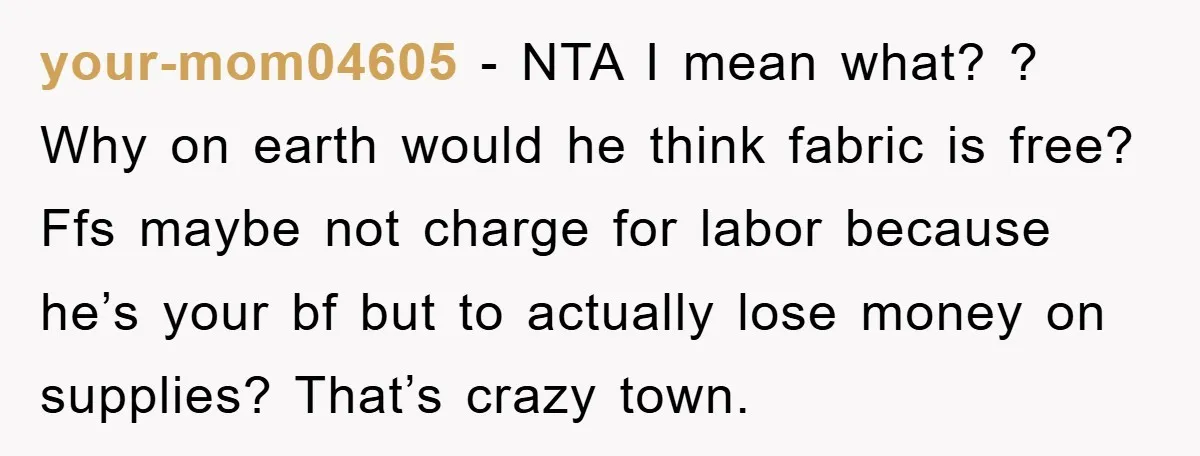 your-mom04605 − NTA I mean what? ? Why on earth would he think fabric is free? Ffs maybe not charge for labor because he’s your bf but to actually lose...