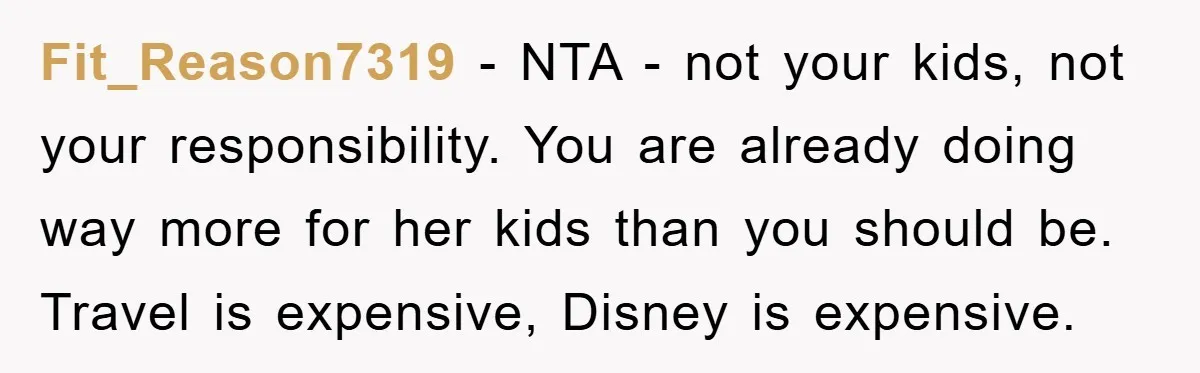Fit_Reason7319 - NTA - not your kids, not your responsibility. You are already doing way more for her kids than you should be. Travel is expensive, Disney is expensive.