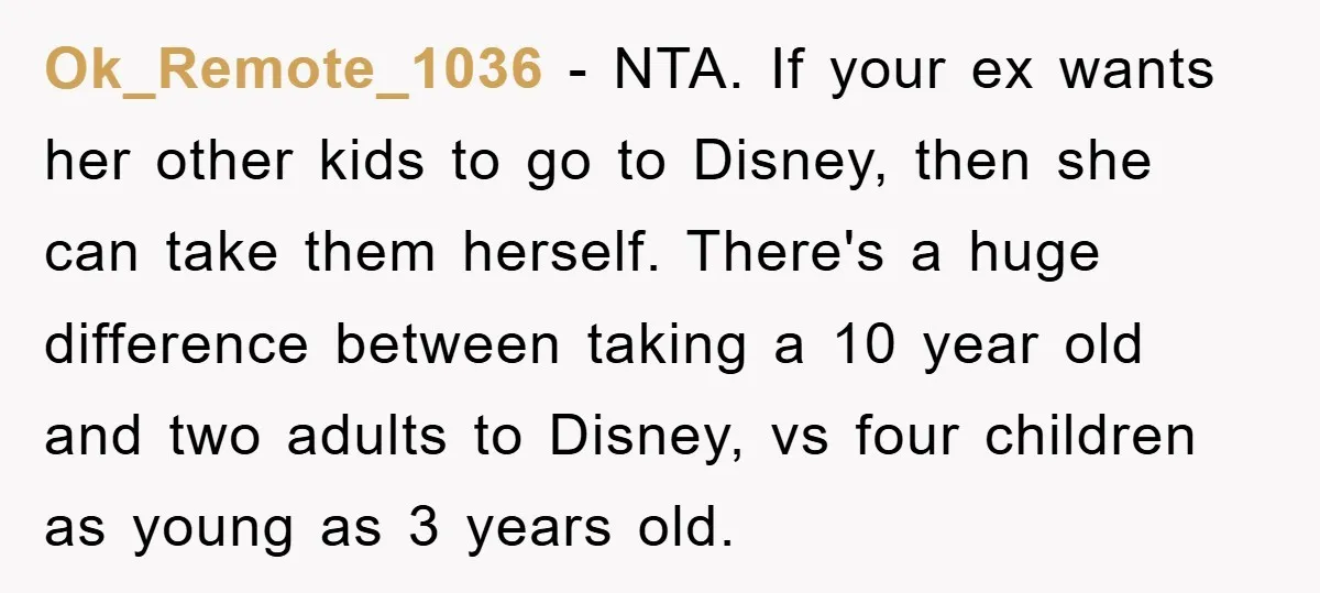 Ok_Remote_1036 - NTA. If your ex wants her other kids to go to Disney, then she can take them herself. There's a huge difference between taking a 10 year old...