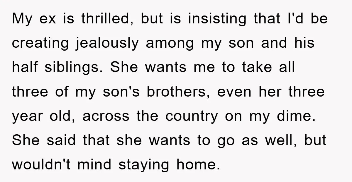 My ex is thrilled, but is insisting that I'd be creating jealously among my son and his half siblings. She wants me to take all three of my son's brothers,...