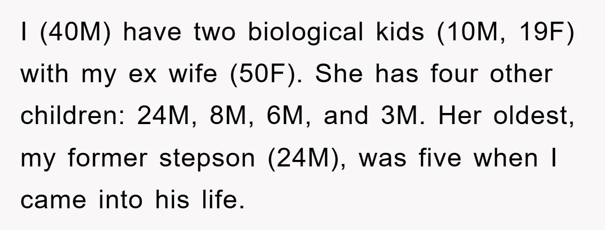 I (40M) have two biological kids (10M, 19F) with my ex wife (50F). She has four other children: 24M, 8M, 6M, and 3M. Her oldest, my former stepson (24M), was...