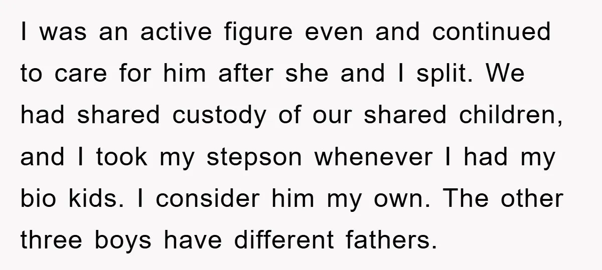 I was an active figure even and continued to care for him after she and I split. We had shared custody of our shared children, and I took my stepson...