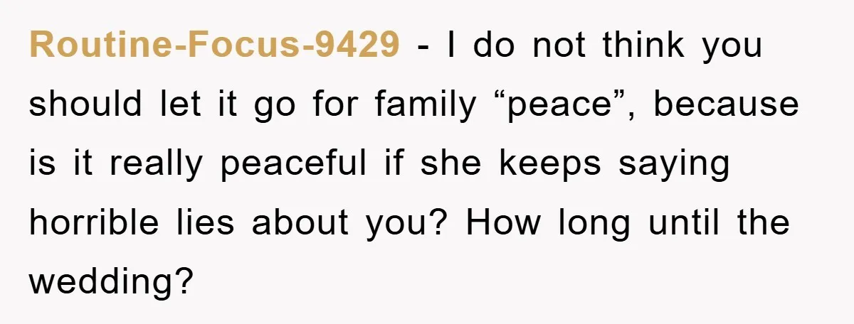 Routine-Focus-9429 - I do not think you should let it go for family “peace”, because is it really peaceful if she keeps saying horrible lies about you? How long until...