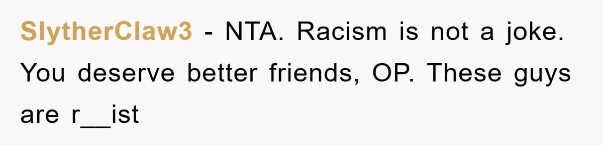 SlytherClaw3 - NTA. Racism is not a joke. You deserve better friends, OP. These guys are r__ist