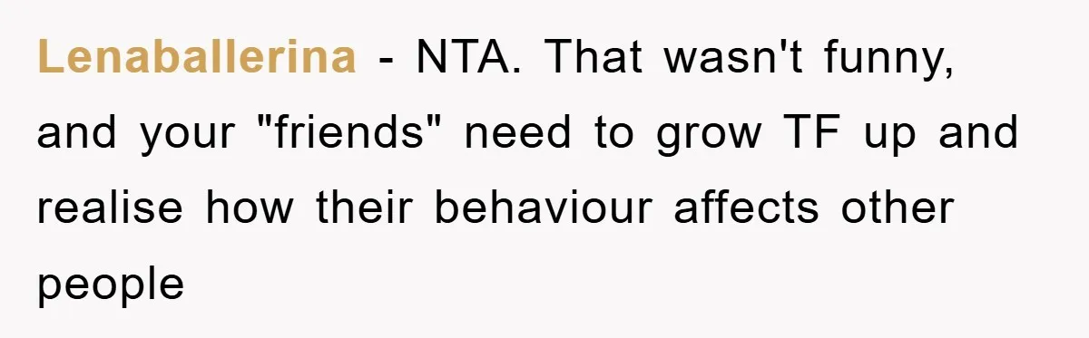 Lenaballerina - NTA. That wasn't funny, and your "friends" need to grow TF up and realise how their behaviour affects other people