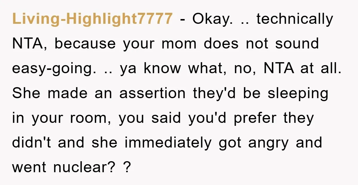 Living-Highlight7777 − Okay. .. technically NTA, because your mom does not sound easy-going. .. ya know what, no, NTA at all. She made an assertion they'd be sleeping in your...