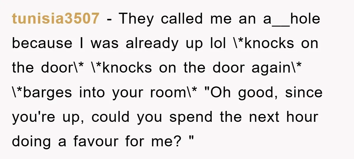 tunisia3507 − They called me an a__hole because I was already up lol \*knocks on the door\* \*knocks on the door again\* \*barges into your room\* "Oh good, since you're...