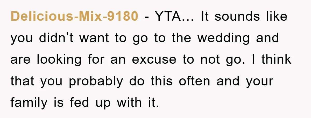 Delicious-Mix-9180 - YTA… It sounds like you didn’t want to go to the wedding and are looking for an excuse to not go. I think that you probably do this...