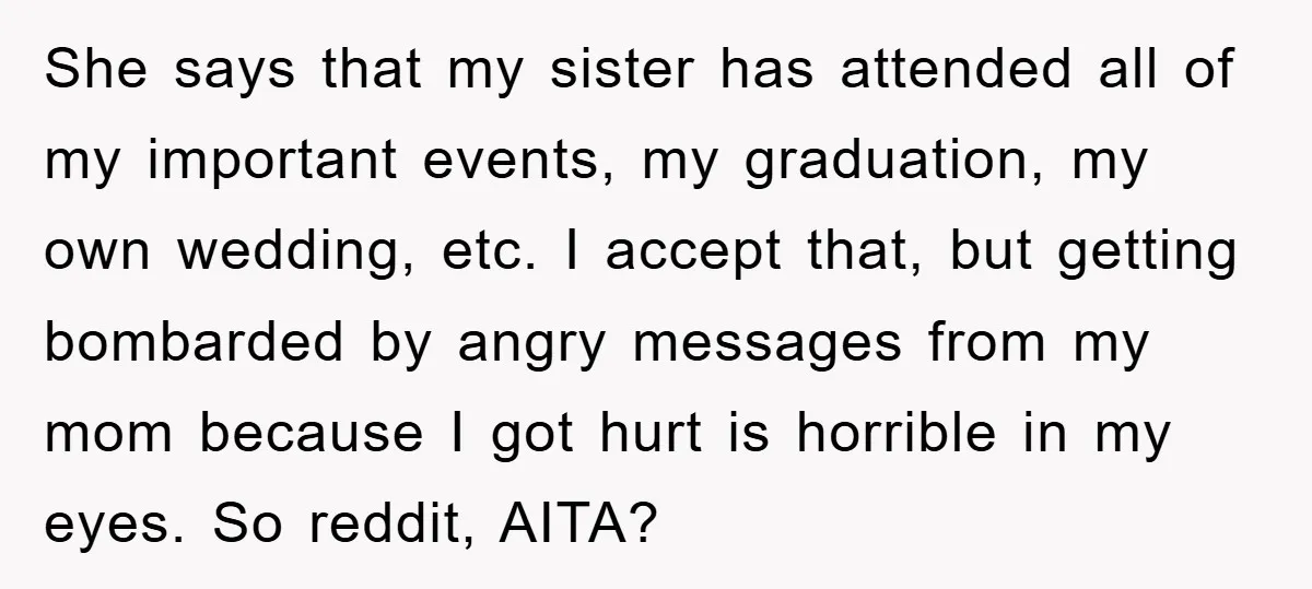 She says that my sister has attended all of my important events, my graduation, my own wedding, etc. I accept that, but getting bombarded by angry messages from my mom...