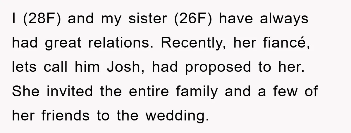 I (28F) and my sister (26F) have always had great relations. Recently, her fiancé, lets call him Josh, had proposed to her. She invited the entire family and a few...
