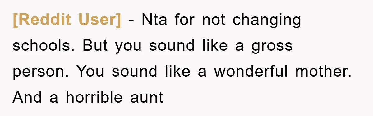 [Reddit User] - Nta for not changing schools. But you sound like a gross person. You sound like a wonderful mother. And a horrible aunt