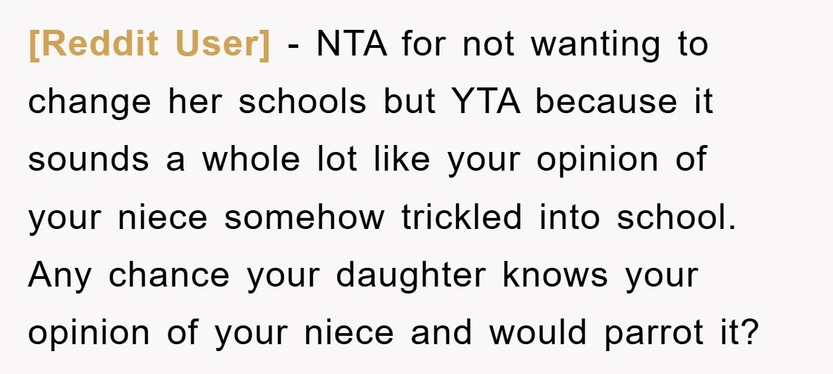 [Reddit User] - NTA for not wanting to change her schools but YTA because it sounds a whole lot like your opinion of your niece somehow trickled into school. Any...