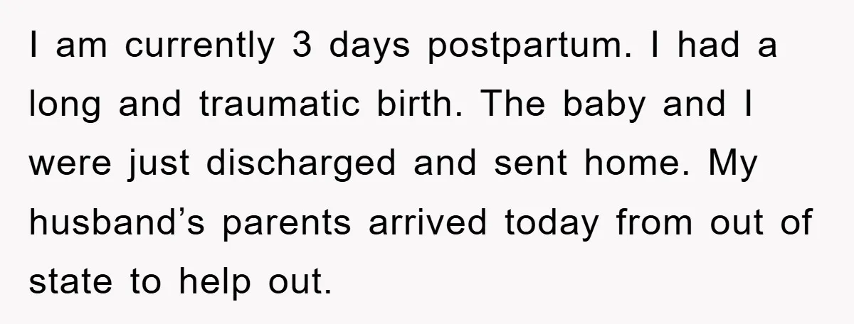 I am currently 3 days postpartum. I had a long and traumatic birth. The baby and I were just discharged and sent home. My husband’s parents arrived today from out...
