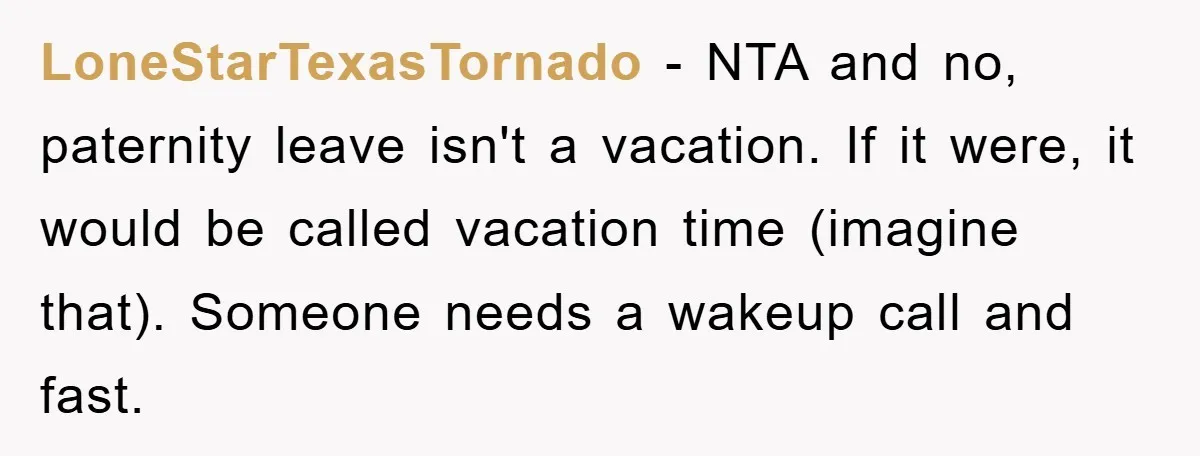 LoneStarTexasTornado − NTA and no, paternity leave isn't a vacation. If it were, it would be called vacation time (imagine that). Someone needs a wakeup call and fast.