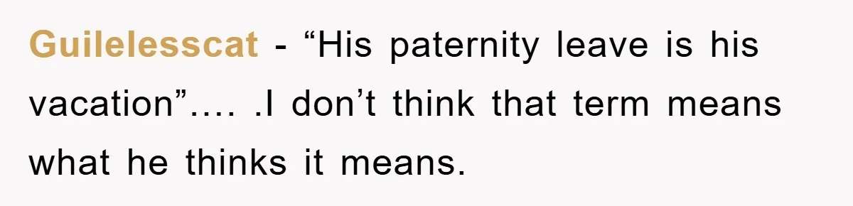 Guilelesscat − “His paternity leave is his vacation”…. .I don’t think that term means what he thinks it means.