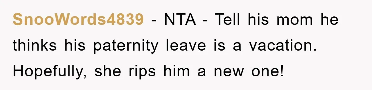 SnooWords4839 − NTA - Tell his mom he thinks his paternity leave is a vacation. Hopefully, she rips him a new one!