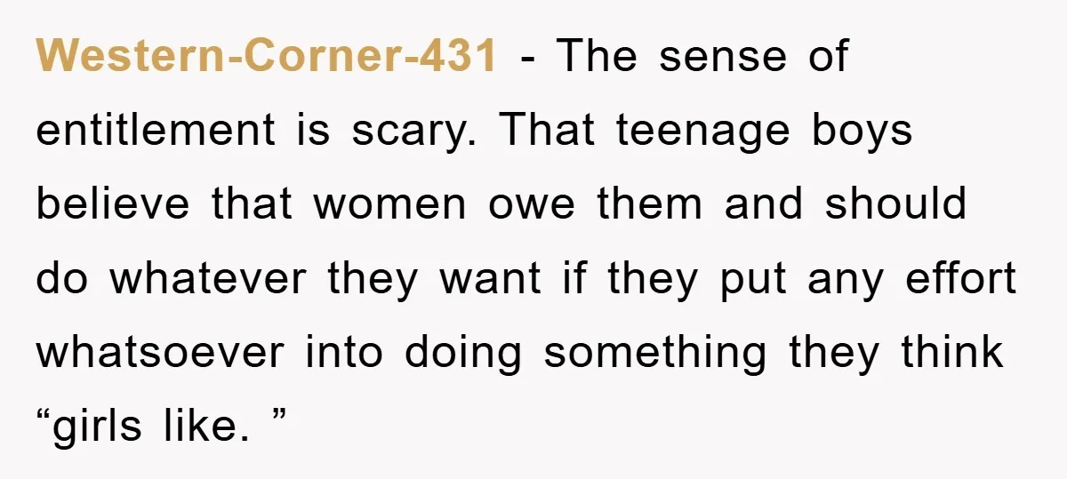 Western-Corner-431 − The sense of entitlement is scary. That teenage boys believe that women owe them and should do whatever they want if they put any effort whatsoever into doing...