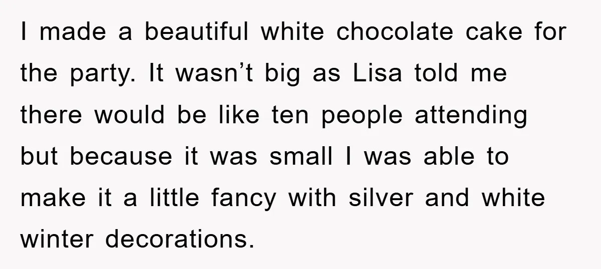 I made a beautiful white chocolate cake for the party. It wasn’t big as Lisa told me there would be like ten people attending but because it was small I...