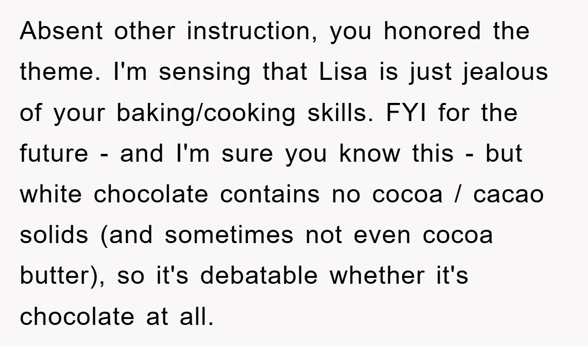 Absent other instruction, you honored the theme. I'm sensing that Lisa is just jealous of your baking/cooking skills. FYI for the future - and I'm sure you know this -...