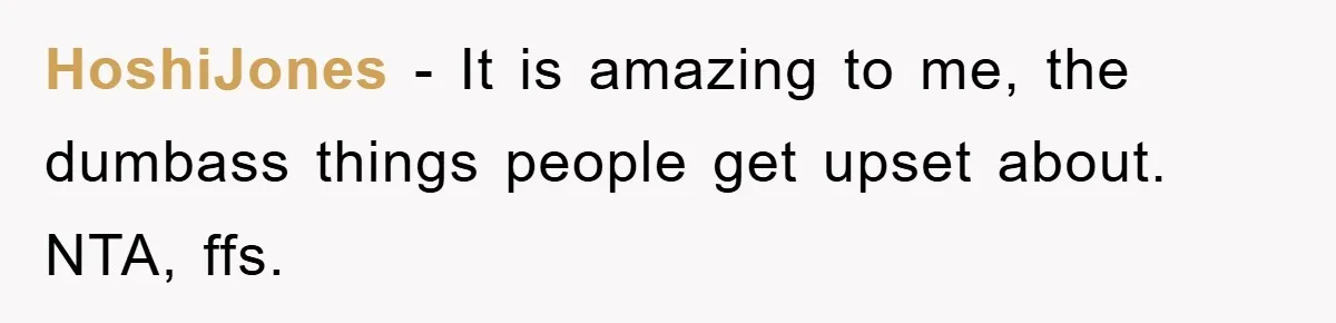 HoshiJones − It is amazing to me, the dumbass things people get upset about. NTA, ffs.