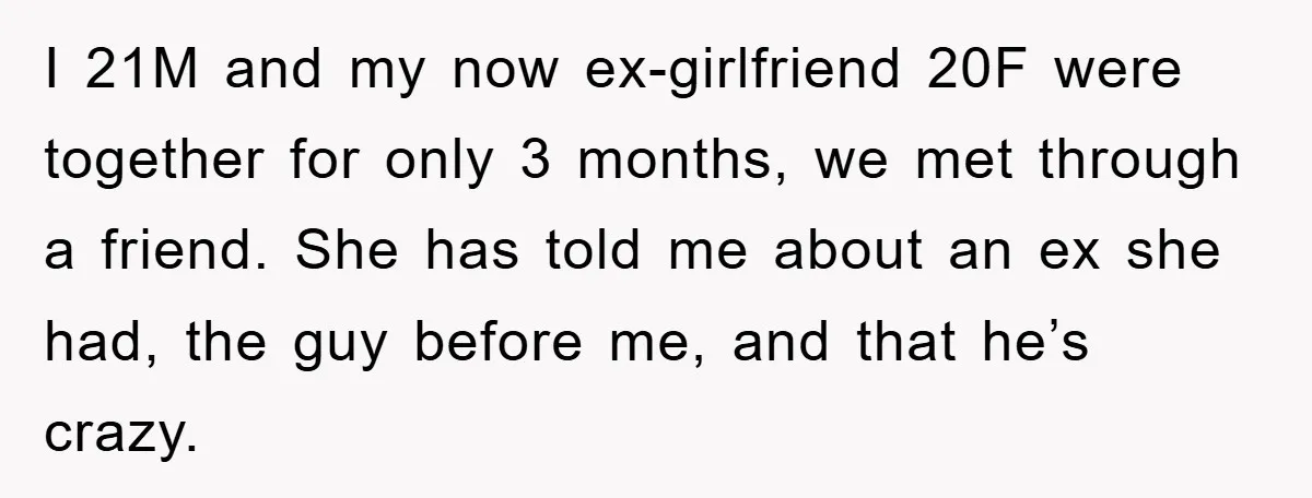 I 21M and my now ex-girlfriend 20F were together for only 3 months, we met through a friend. She has told me about an ex she had, the guy before...