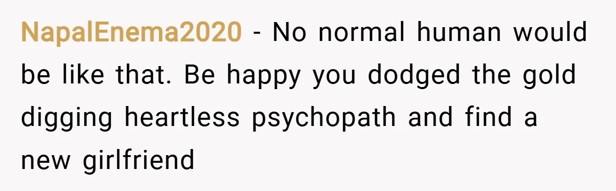 NapalEnema2020 − No normal human would be like that. Be happy you dodged the gold digging heartless psychopath and find a new girlfriend