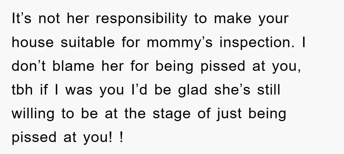 It’s not her responsibility to make your house suitable for mommy’s inspection. I don’t blame her for being pissed at you, tbh if I was you I’d be glad she’s...